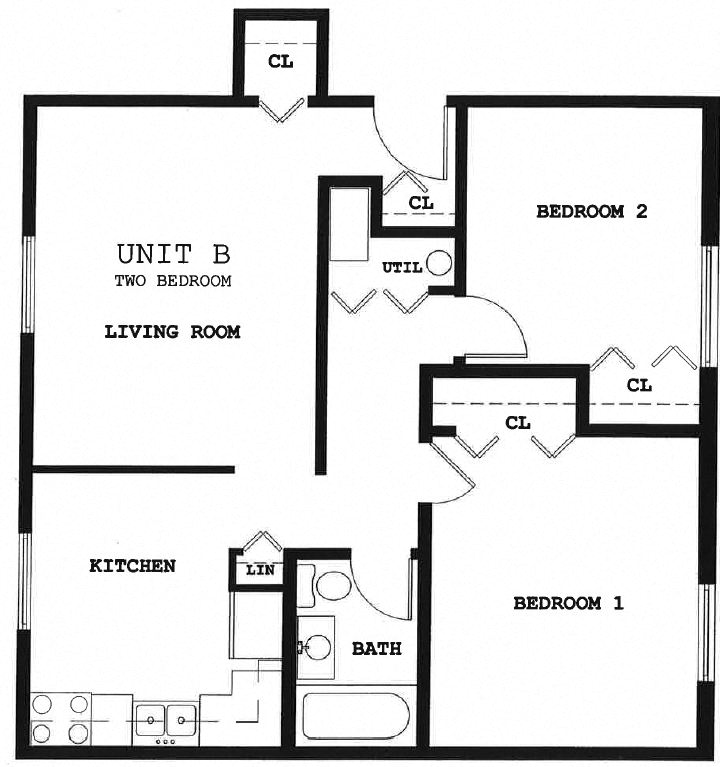 Floor plan for 2 beds, 1 bath
